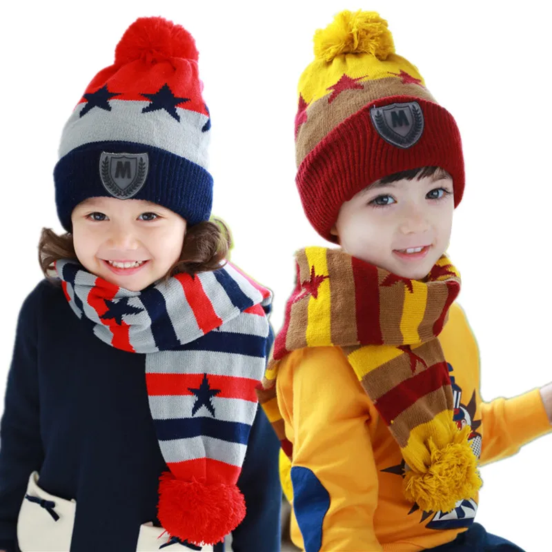 Fashion Autumn Winter Children Warm Scarf Hats Set Baby Boys Girls Knitted Thickening Hats kids Lovely Soft Cap Two-piece Suit  