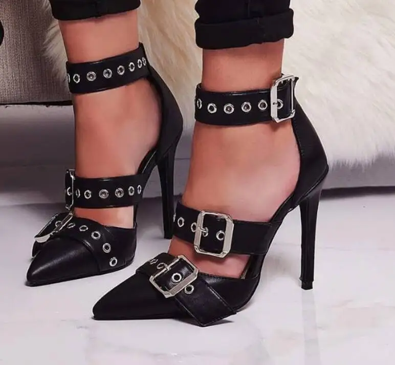 

Moraima Snc Hot Selling Pointed Toe Sandal for Woman Sexy Black Leather Buckle Strap Gladiator Shoes Cutouts Thin Heels Shoes
