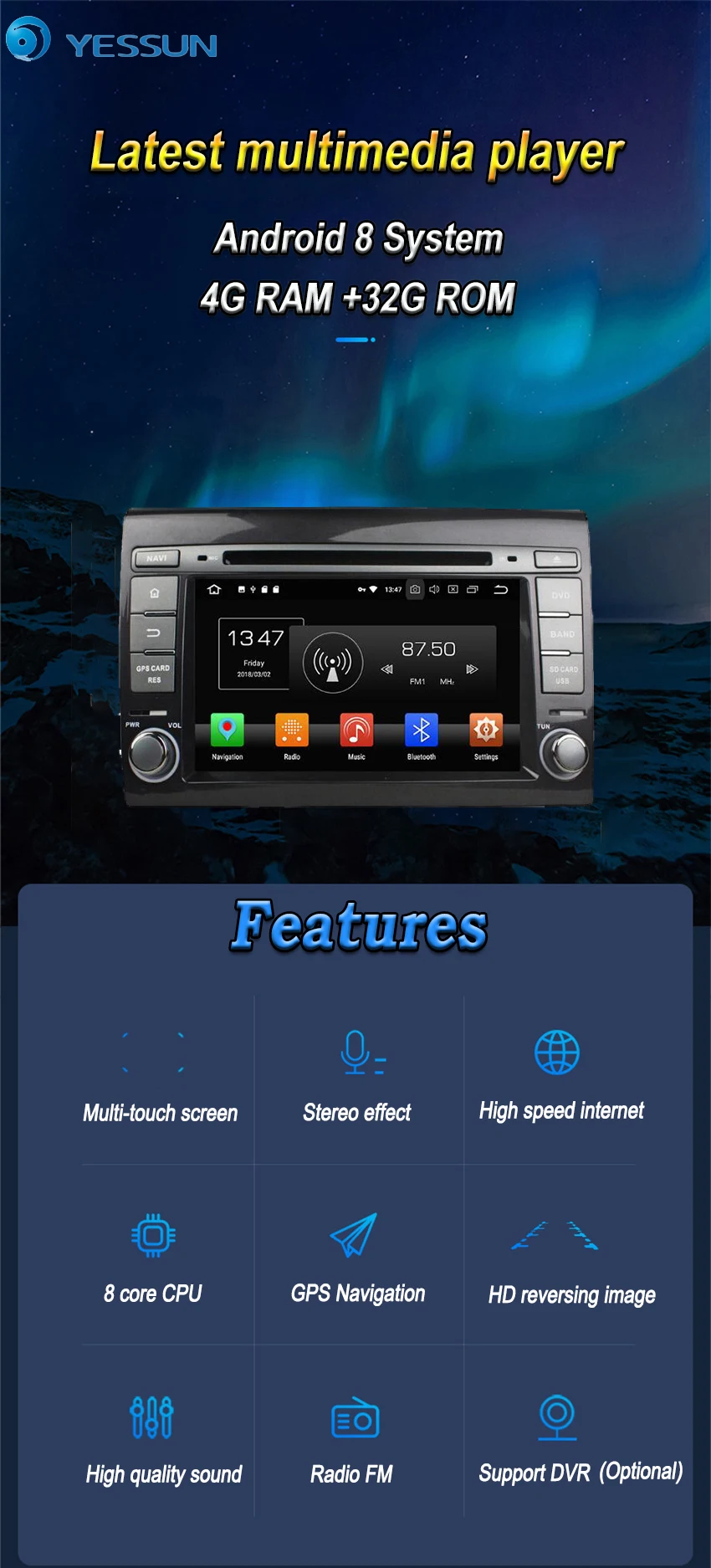 Discount YESSUN Android 8.0 4G RAM Touch Screen DVD For Fiat Bravo 2007~2012 Car Navigation GPS Multimedia Player mirror link Autoradio 1