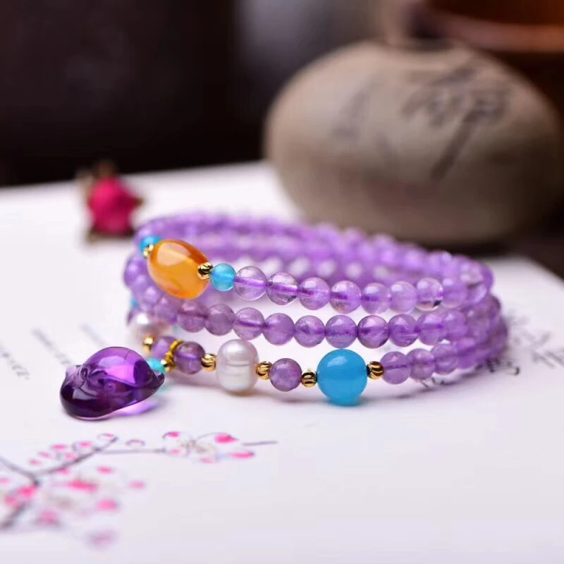 

Genuine Natural Lavender Amethyst Quartz Purple 3 Laps Round Beads Bracelet Woman Fox Pendant 5mm Crystal AAAAA