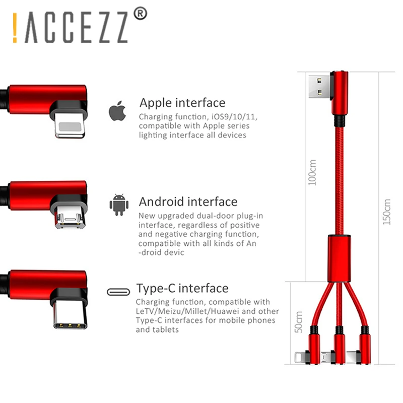 ! ACCEZZ L образный зарядный кабель освещение для iPhone 8 7 Plus Micro USB Type C Xiaomi Samsung 3 в 1