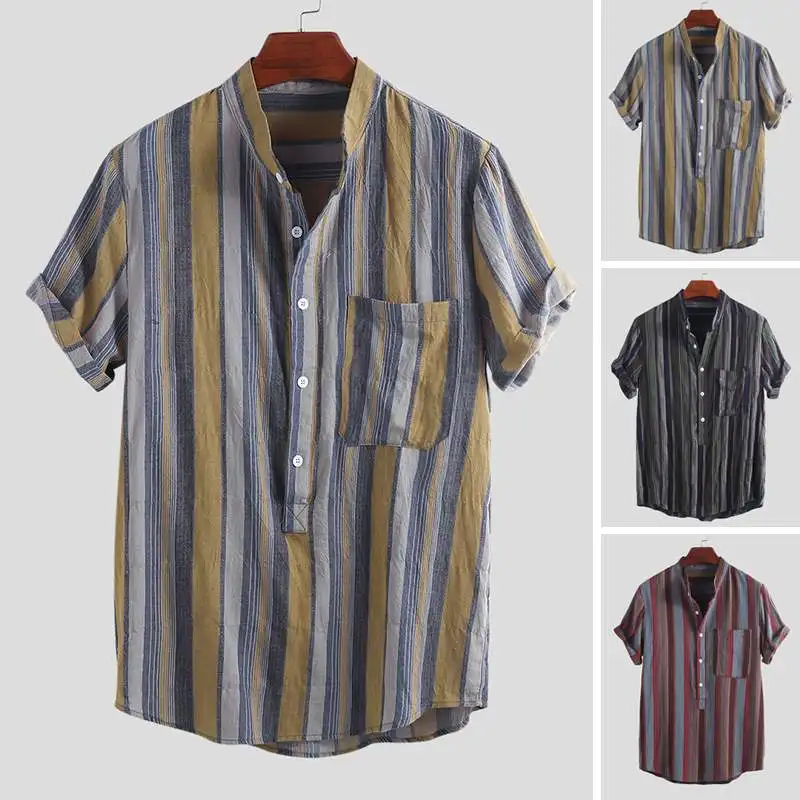 

2020 Summer Men Chic Striped Pockets Short Sleeve Casual Shirts Literary Daily Wild Stand Collar Mens Blouse Camisa Masculina