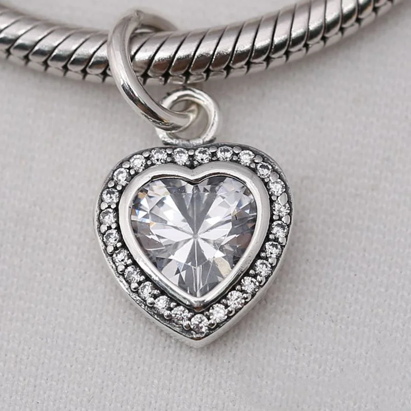 European 925 Silver CZ Heart Charm Beads Pendant Fit Bracelet Necklace Chain