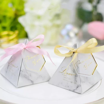 

100pcs Hot Triangular Pyramid Marble Candy Boxes pink gold ribbon Bomboniere Wedding Favors giveaways Party Chocolate Gift Box