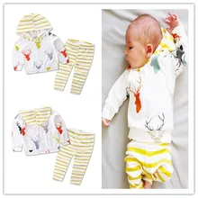Милая Одежда для маленьких мальчиков и девочек, топы с рисунком оленя, футболка с капюшоном+ штаны, комплекты из 2 предметов, Одежда для новорожденных, комплект одежды для малышей