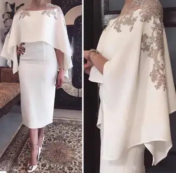 

Elegant White Applique Mother Of The Bride Dresses With Wrap Tea Length Mother Formal Dresses Special Occasion Gowns Custom