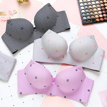 

fashion stripe sexy bras panties seamless 3 breasted adjustable push up underwear sets wire free comfortable bra & brief set