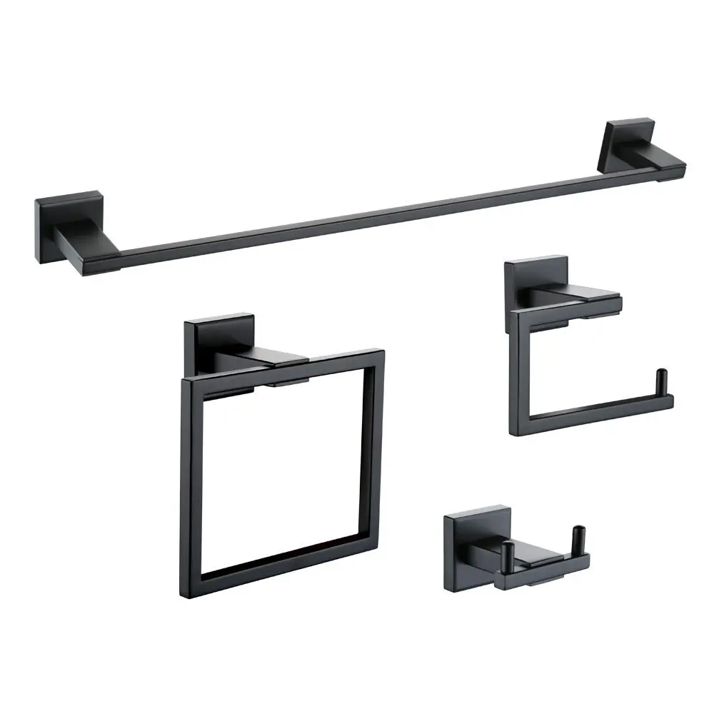 Matt Black Wall Mount Stainless Steel 4 Piece Bathroom Accessory Set Towel Bar Toilet Paper