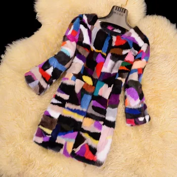 

Rainbow color patchwork natural mink fur coat women O neck medium long real mink fur jacket outerwear 2018 new autumn winter