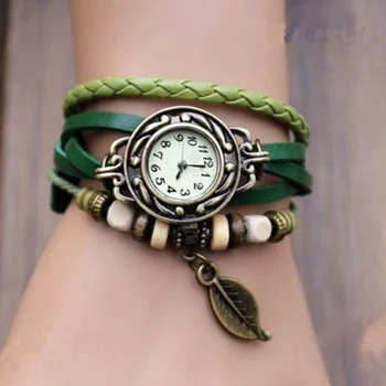 

Superior Womens Bracelet Weave Wrap Quartz Leather Leaf Beads Wrist Watches August 11