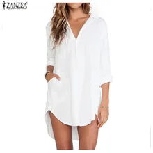 ZANZEA рубашка платье Vestido Для женщин Летнее шифоновое Короткое мини-платье Sexy v-образным вырезом с длинным рукавом Свободные платье с длинным Топы корректирующие плюс размеры
