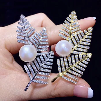 

Natural Maple Style Pearl Brooch Women Breastpin Jewelry Gifts S925 Sterling Silver Pearl Breast Pins Handmade Gifts