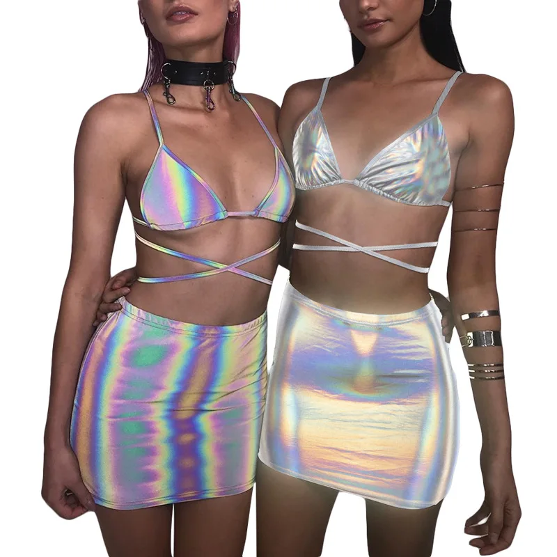 

2019 Summer Women Casual Women Set Two Piece Strop Crop Top Vest Packet Hip Mini Skirt England Stype Skinny Sexy Silver Sets