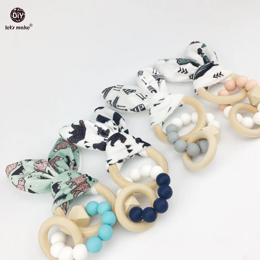Let's Make Baby Teething Wooden Ring 4pc Chew Silicone Beads Bunny Ear