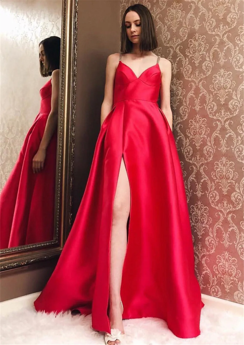 Elegant Red Evening Dresses Long Front Split Spaghetti Strap A Line