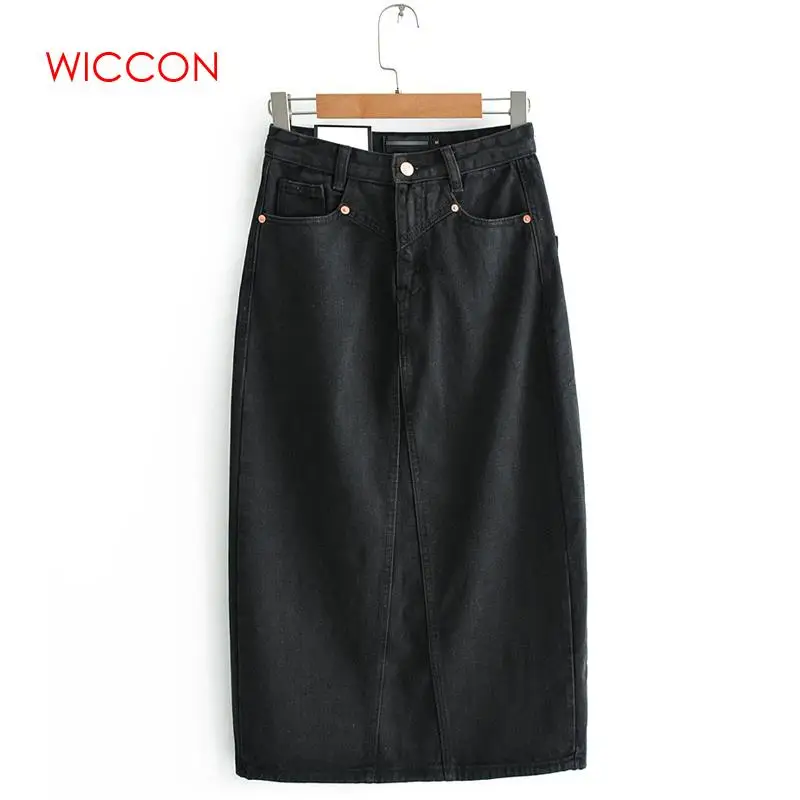 Women Black Denim Skirts Vintage Ladies Midi Skirt Fashion Casual Brand