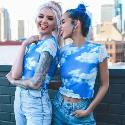 

HIRIGIN 2019 Women Summer Clothes See Through Korean Cloud Printing Short Sleeve Base T-shirt Tops