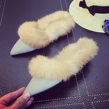 Real Rabbit Fur Slippers Winter Casual Shoes Pointed Toe Women’s Sandals Sandalia Feminina Cotton-Padded Female Home Slippers