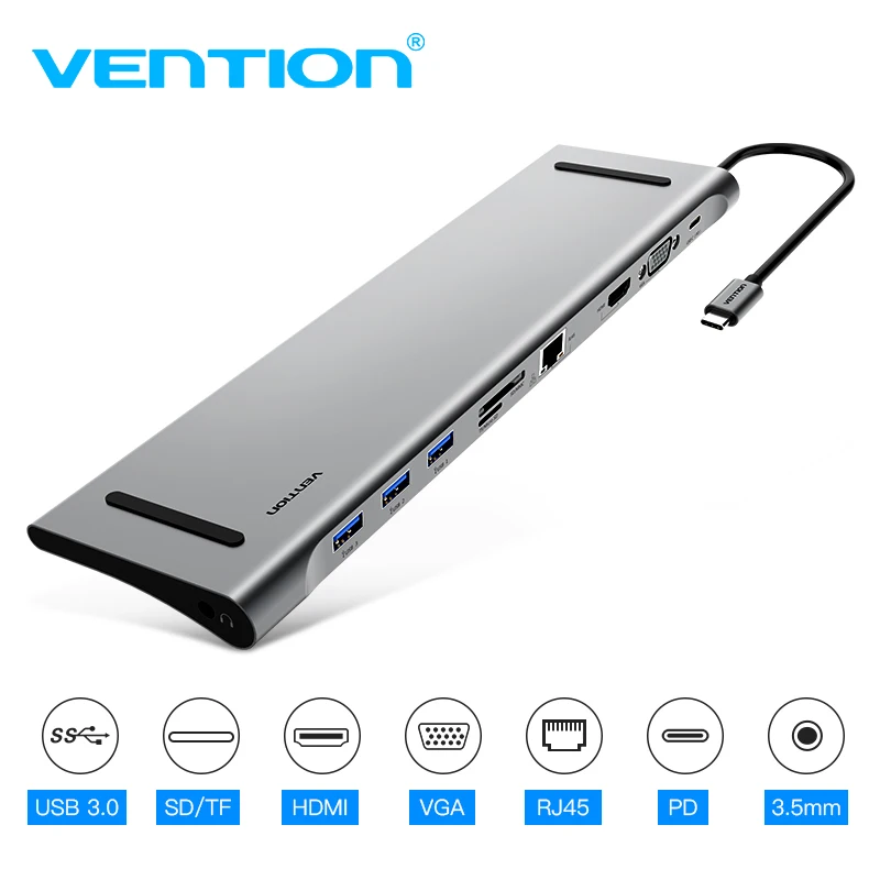 Vention thunderbolt 3 USB-C to HDMI VGA Converter USB3.0 HUB SD/TF Card Reader 3.5mm Jack PD RJ45 A