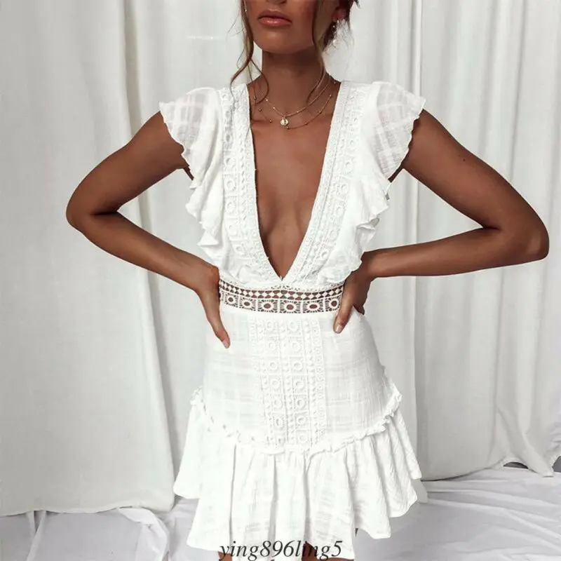 

Women Summer Boho Short Mini Dress Evening Ruffle Hollow Out Deep V Fashion Lace Party Casual Backless Beach Dresses Sundress