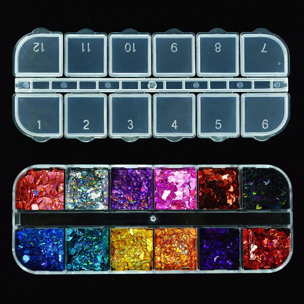 1 funda con forma de corazón para uñas brillo brillante lentejuelas láser 3D decoración de uñas copos de Paillette consejos 12 colores DIY manicura SA469