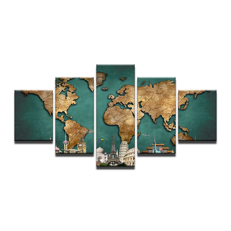 5 Pieces World Map Paintings Print On Canvas HD Abstract ...