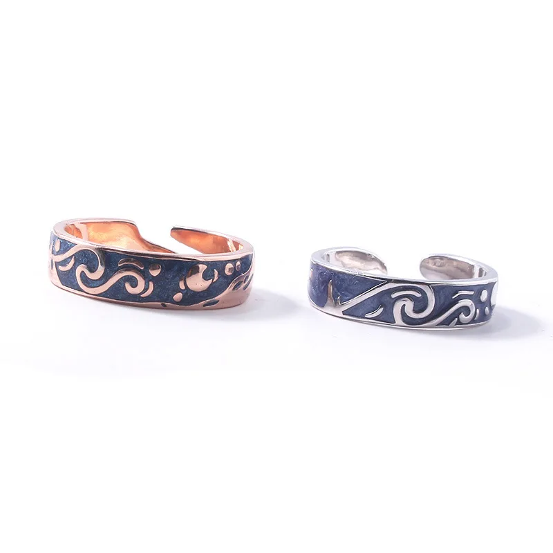 Couple Jewelry Van Gogh Star Sky Ring Stainless Steel Blue Drop Glaze Finger Rings (9)