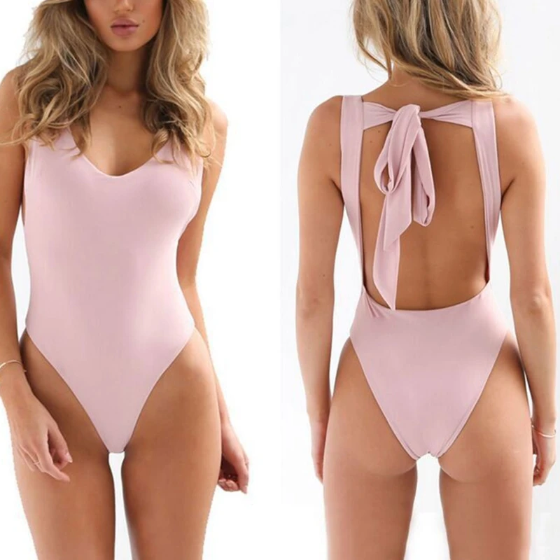 

Women Solid Color One-piece Swimsuit V Neck Backless Bandage Tie Knot Swimwear