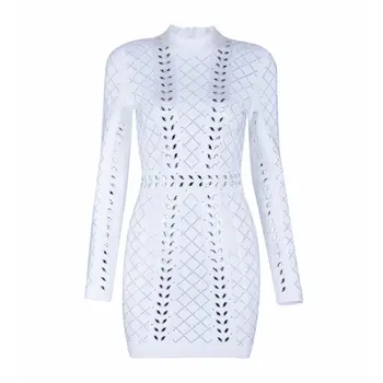 

New Bandage Dress Women Celebrity Party White Long Sleeve O-Neck Beading Sexy Elegant Dress Women Bodycon Vestidos