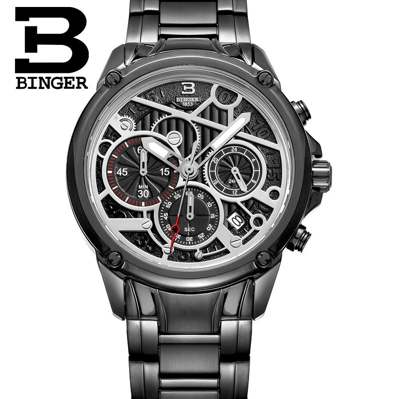 Chronograph Sport Men Watches BINGER Luxury Brand Watch Quartz Watch Military Clock Stainless Steel