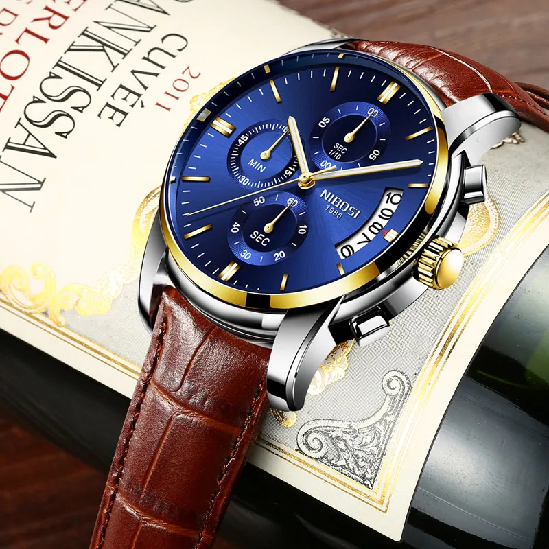 NIBOSI Mens Watches Top Brand Luxury Waterproof Watch Military Leather Strap Sport Watch Men Quartz