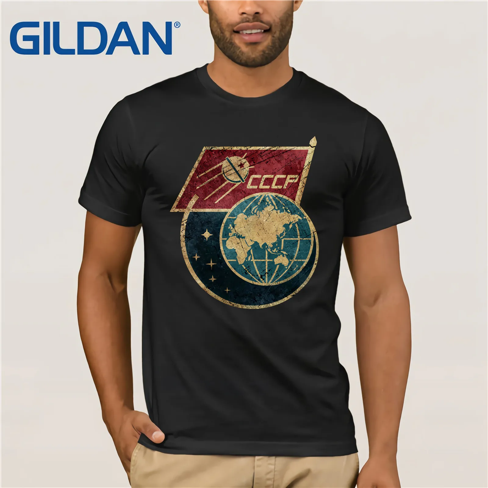 

Gildan Brand Russia CCCP Flag Satellite Space Exploration Program T-Shirt Summer Men's Short Sleeve T-Shirt