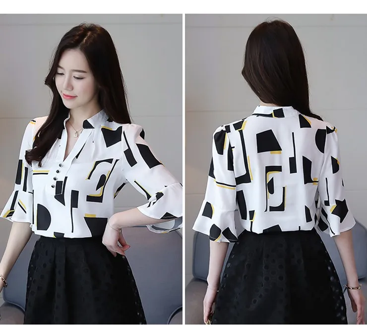New Style Women Blouses Geometric Pattern Chiffon Blouses Shirts Female Short Sleeve Plus Size Tops Lady 2018 Print Blusa Feminina (10)