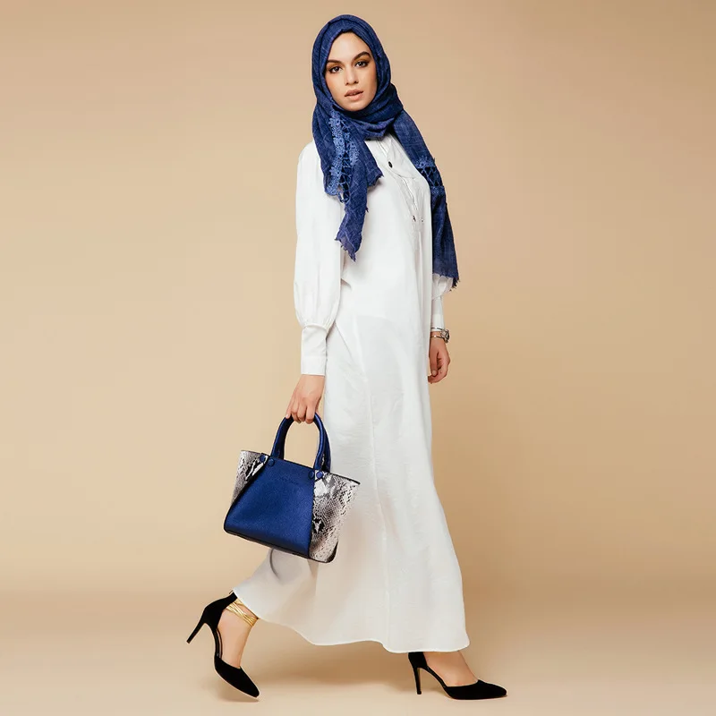 

Solid Long Sleeve Muslim Arabic Maxi Dress Turkish Gown Dubai Moroccan Kaftan Islamic Abaya Muslim Clothing Jalabiya Pure White