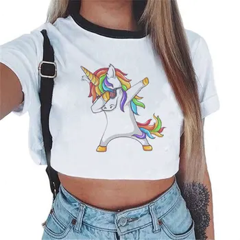 

Unicorn T Shirt Women Harajuku Kawaii Funny Dance Animal Panda Unicorn Print Crop Tops Tshirt Sexy Tees Hipster Cropped Feminist