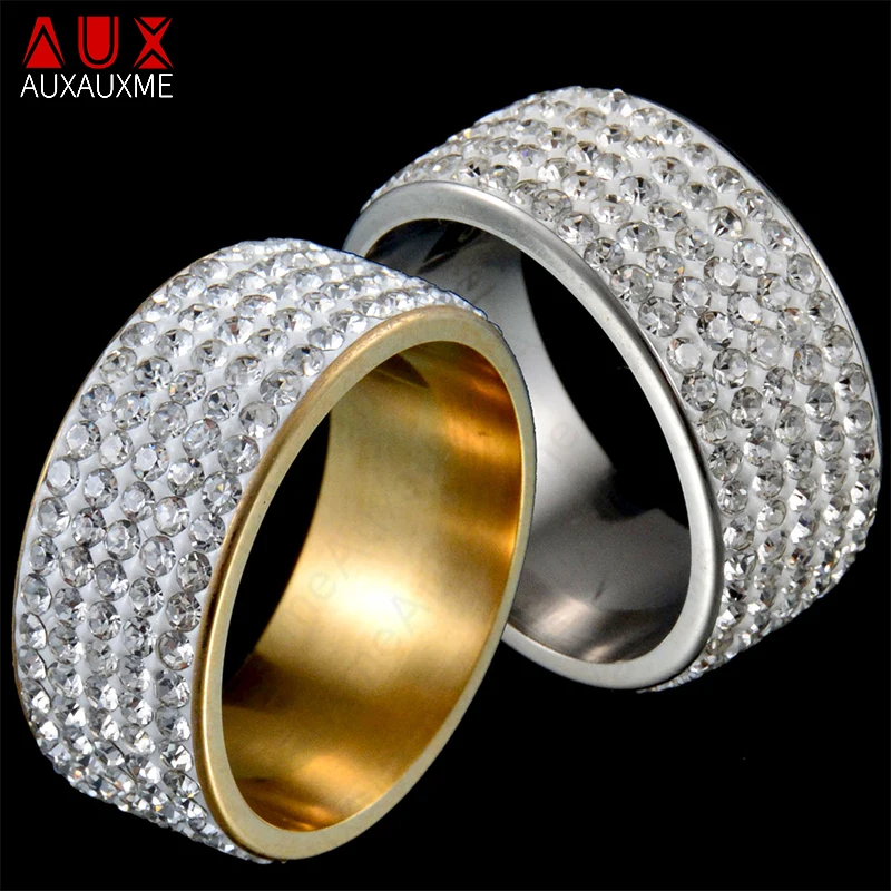 Auxauxme 5 Row Lines Clear White Stones Wedding Rings For Women Fashion Zircon Stainless Steel Female Teen Jewelry 5