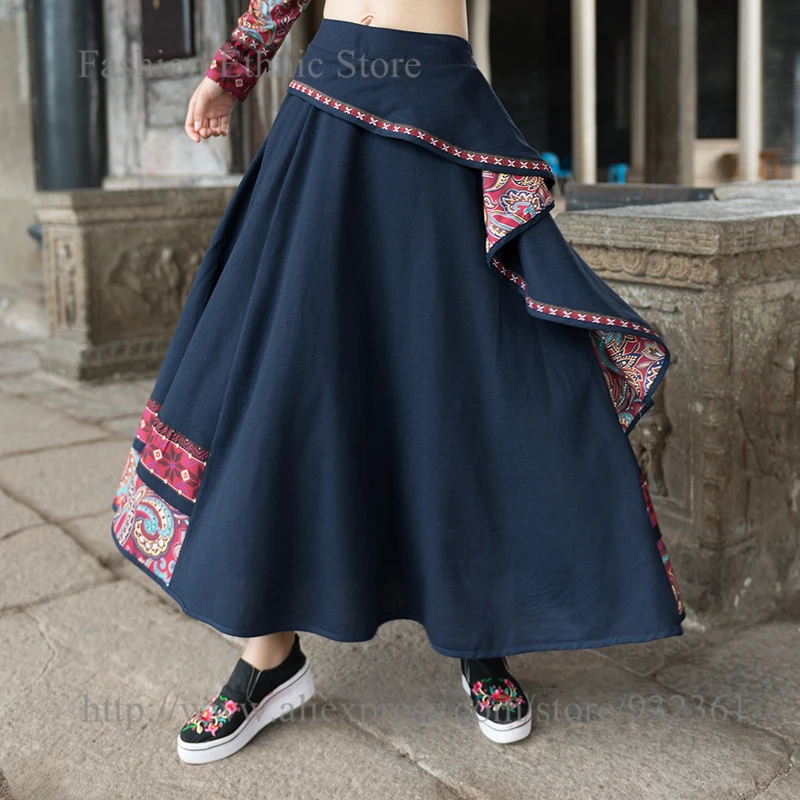 

Vintage bohemian festival Asymmetric Big Hem Long Skirt Cotton Linen Blue Womens Skirts summer autumn jupe longue femme