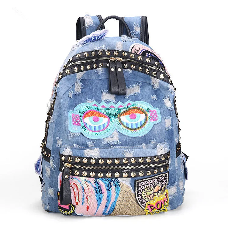 Denim Blue/Black Vintage Fashion Women Backpacks Girls Retro Jeans