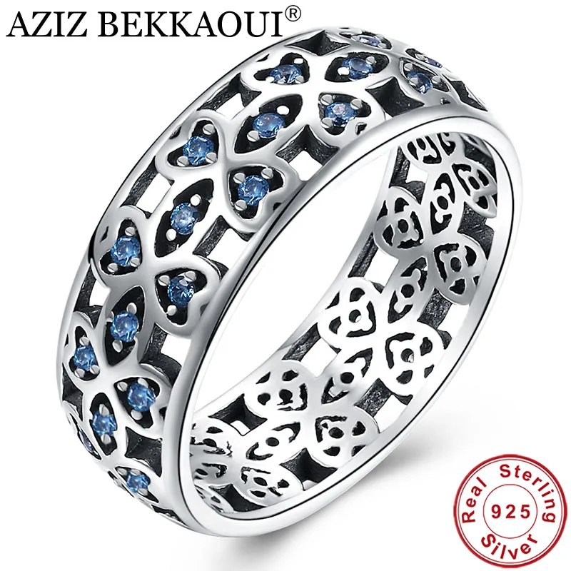 

AZIZ BEKKAOUI 100% Real S925 Sterling Silver Petals of Love Sweet Clover Blue CZ Finger Rings for Women Engagement Jewelry