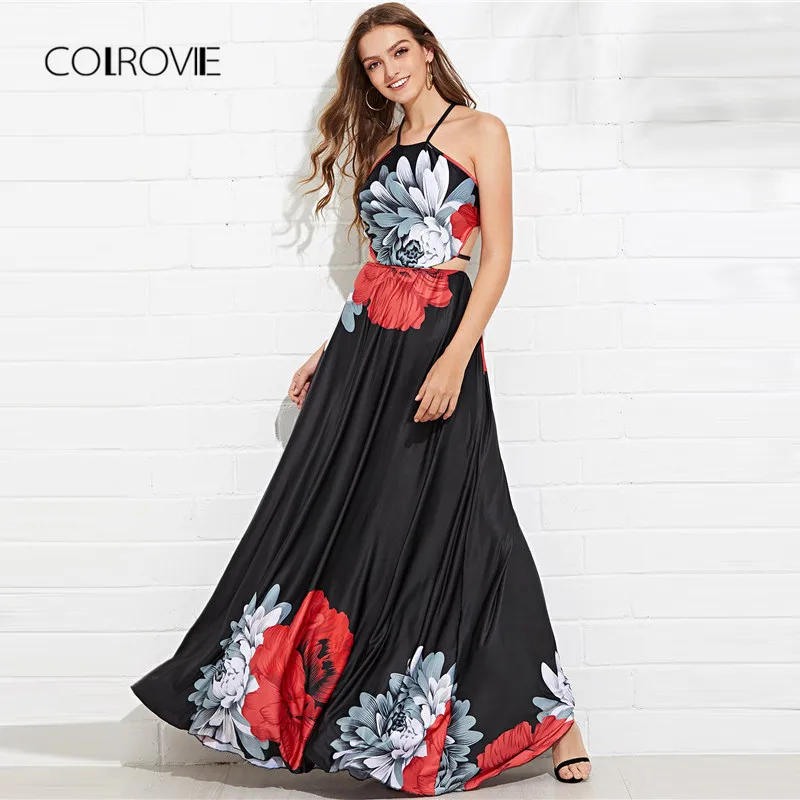 COLROVIE الأسود قطع كريسس الصليب عودة الزهور الرسن فستان صيفي 2018 عارية الذراعين عطلة ماكسي فساتين أنيقة النساء فساتين