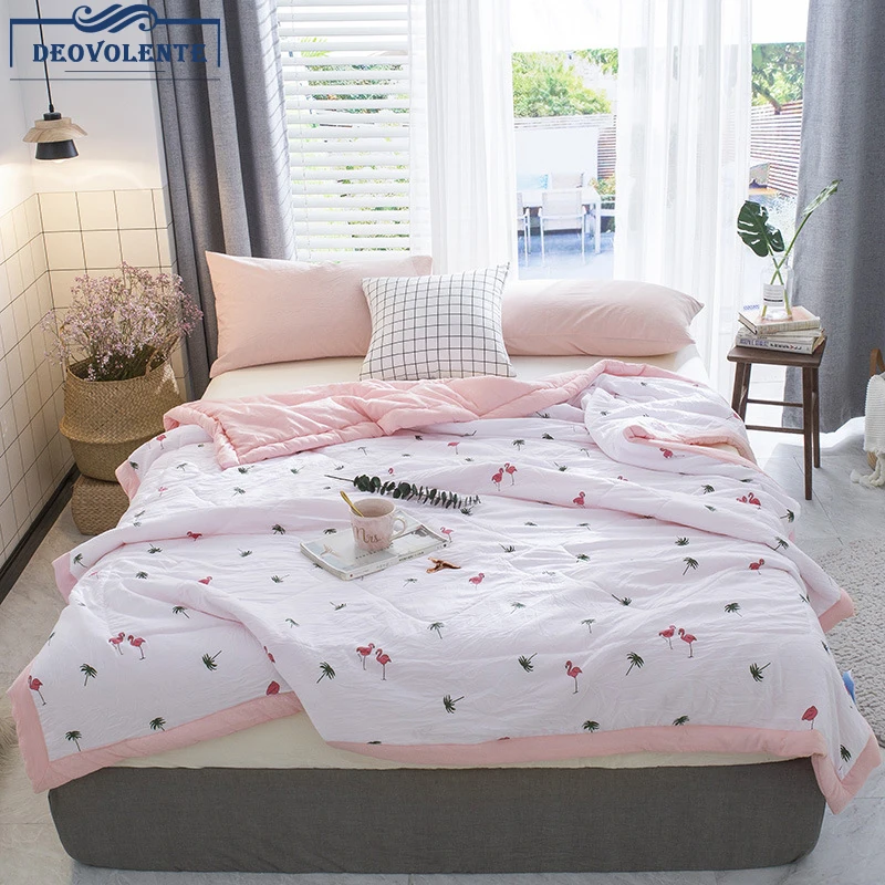 

Soft Washable Cotton Single Double Quilt Spring Autumn Cartoon Blanket Plant Flamingos Pattern For Sofa Warm Bedspread