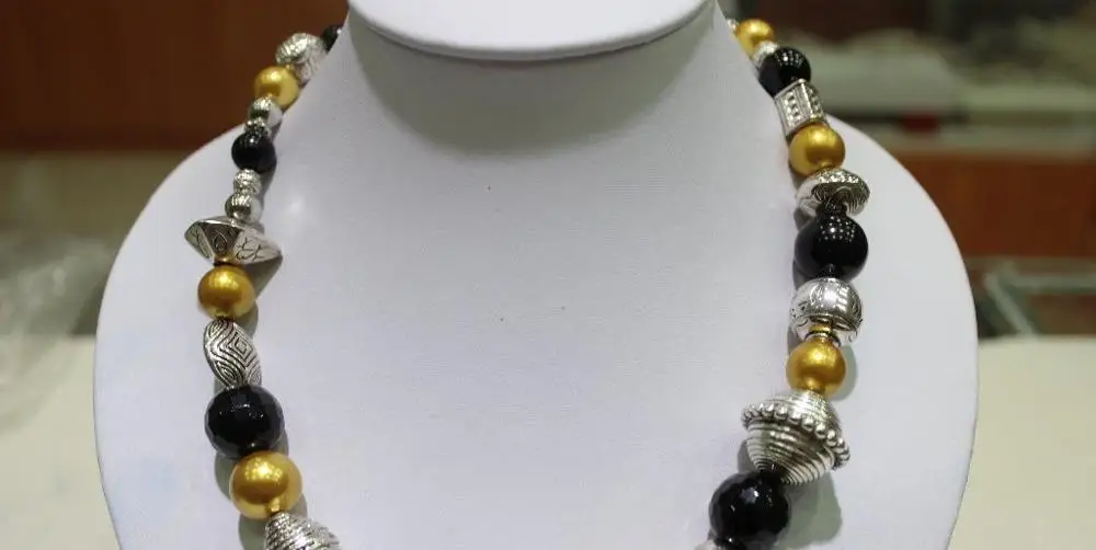 

Gold-yellow mather of pearl & agate necklace "handmade"8-19mm 18.5INCH Alloy a(5.18)