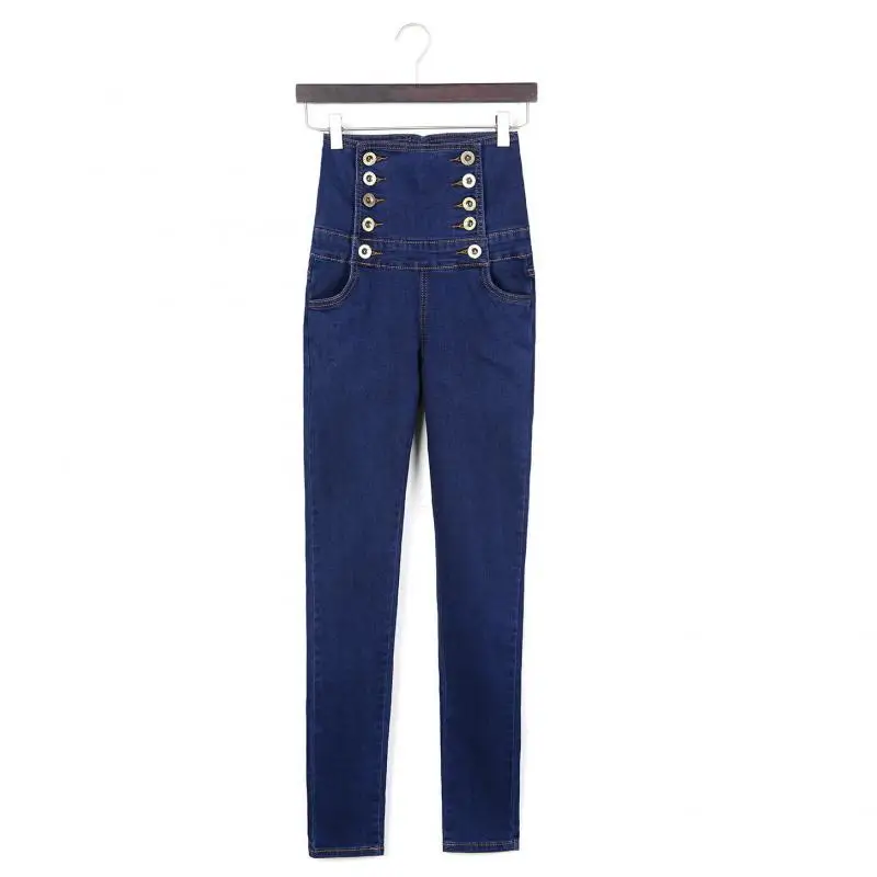 

Modis strap high waist blue jeans 2019 double row button high elastic waist spring feet pants Plus size 6XL Shipping mom jeans