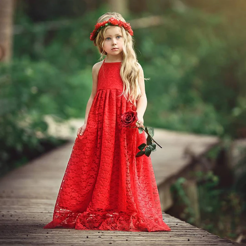 

MUABABY Summer Children Girls Lace Sleeveless Belt Backless Dresses Ankle-Length Bohemian Emulation Flowers Headband Hand Ring