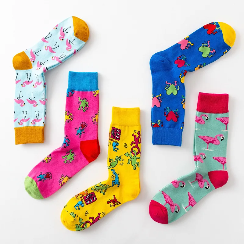 

PEONFLY New Personality Originality Doodle Socks Art Flamingo Fashion Cute Funny Cotton Socks Harajuku Casual Happy Socks