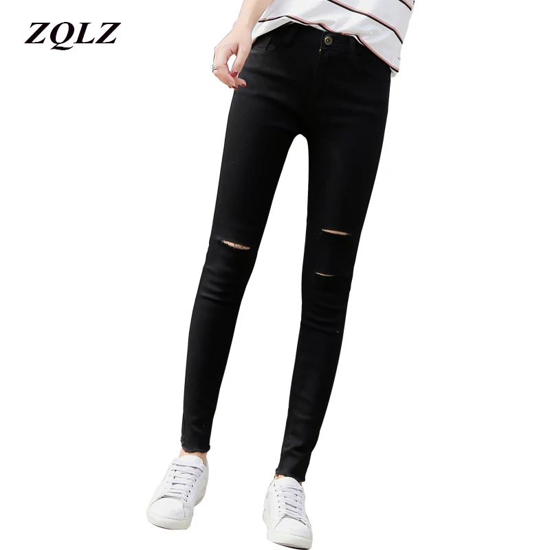 ZQLZ High Waist Ripped Autumn Jeans Women 2018 New Casual Elastic Black Denim Pencil Pants Woman Washed Ruched Trousers Mujer |