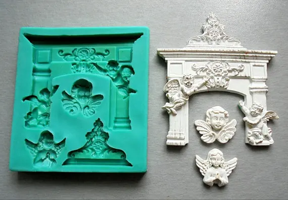 Image Silicone molds fondant mold Christmas fireplace with angels Sugarcraft for cake decorations