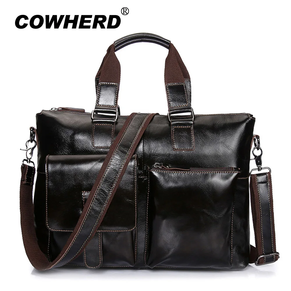 

COWHERD 2019 New Genuine Oil Wax Leather Bag Business Men Computer Laptop Tote Briefcases Men's Crossbody Messenger Handbag