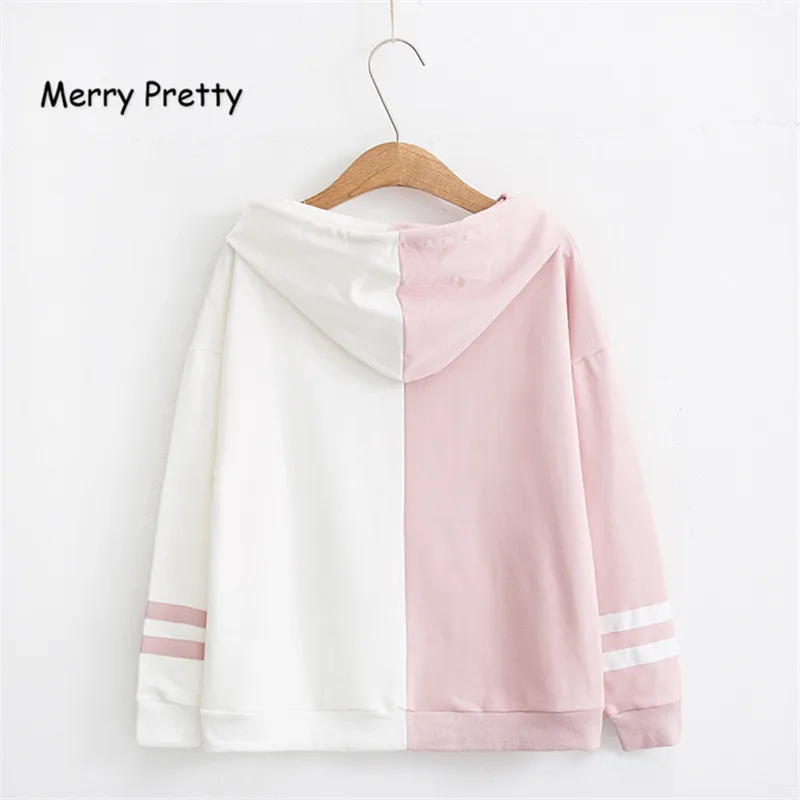  Merry Pretty Kawaii Women Hooded Hoodies Long Sleeve Lovely Patchwork Cute Girls Sweet Sweatshirt F