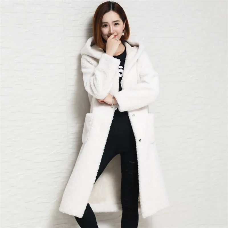 Новинка, кашемировое пальто на зиму, Женская длинная овечья Вельветовая куртка, двухсторонняя одежда с капюшоном, женская верхняя одежда, высокое качество, шерстяные пальто DT0479